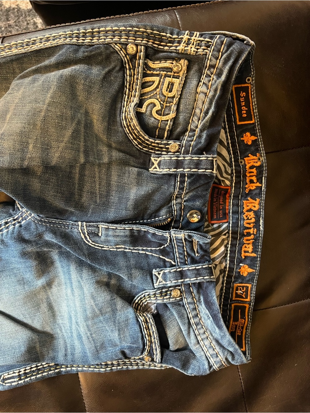 Rock Revival Men’s Washed Blue Jeans with Contrast Stitching